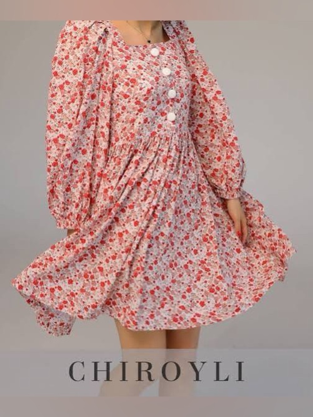 Chiroyli Pink Floral Puff-Sleeve Dress